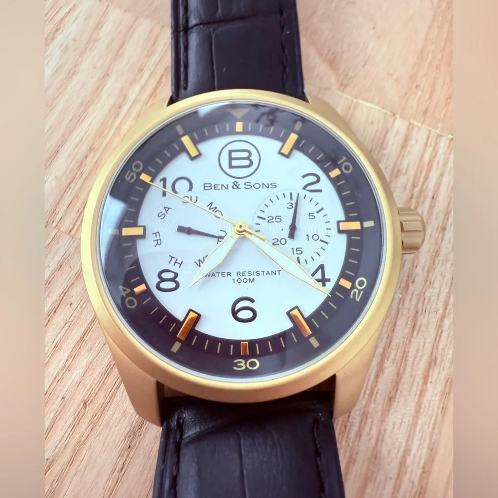 Ben & sons men’s gold tone black leather watch NEW BATTERY